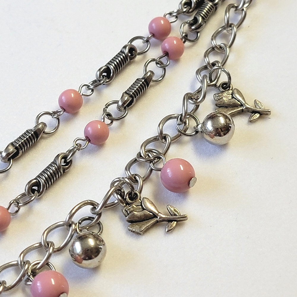 Silver Rose & Bead Charm Bracelet Silver Tone Pink Adjustable Length Fashion